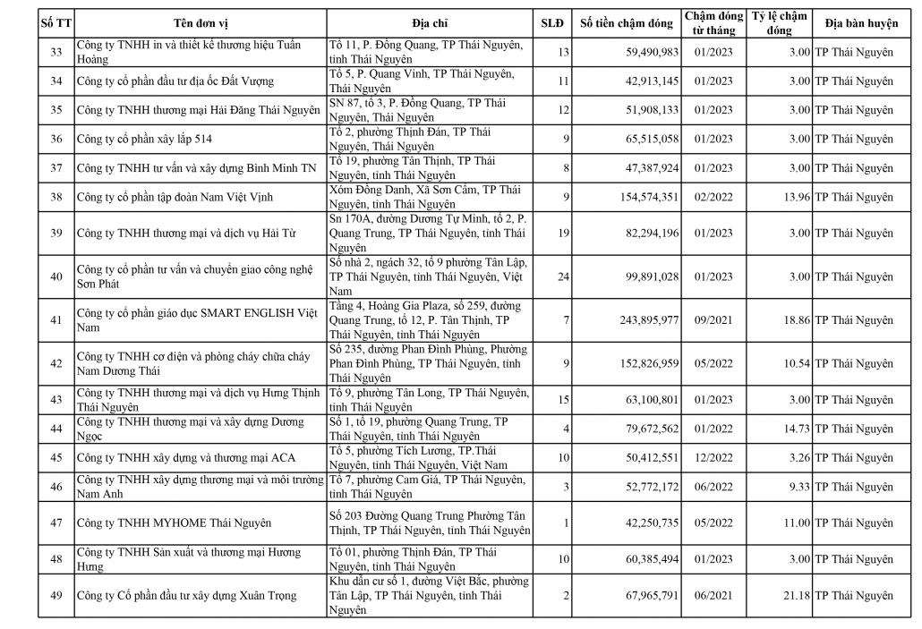 Danh sách các đơn vị chậm đóng bảo hiểm xã hội, bảo hiểm y tế, bảo hiểm thất nghiệp